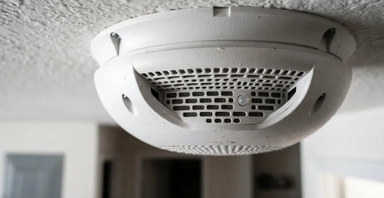 Détecteur de fumée moderne installé au plafond près d'un tableau électrique dans un couloir résidentiel