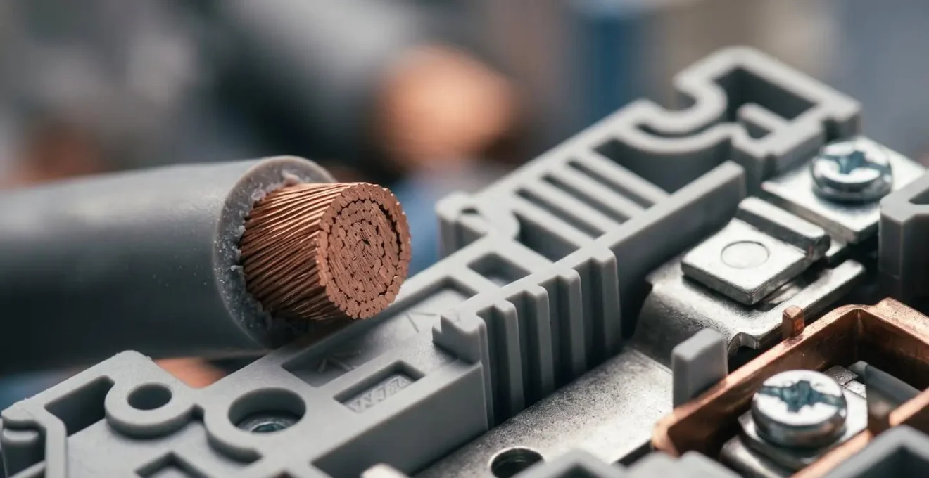 Gros plan sur les composants d'une installation électrique moderne avec détails de matériaux et finitions