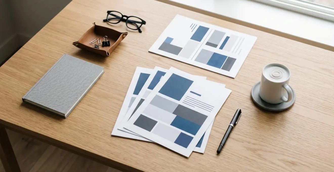 Vue aérienne d'un espace de travail avec documents professionnels et outils de vérification