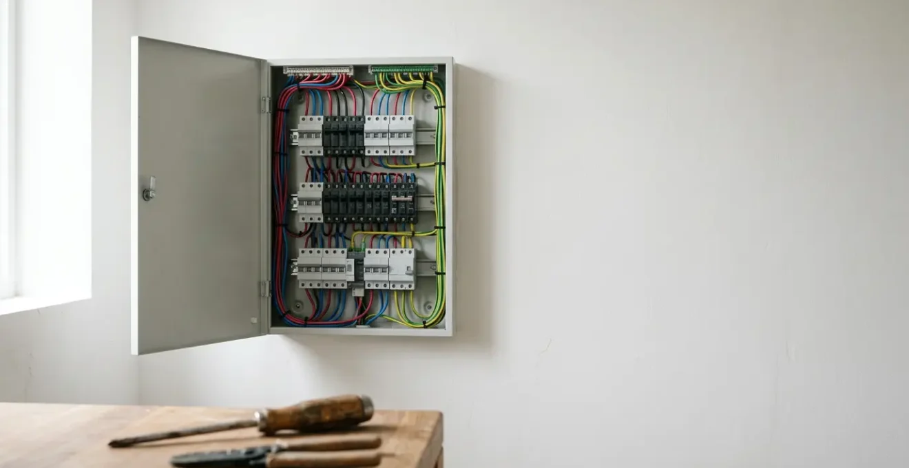 Tableau électrique domestique moderne avec disjoncteurs et circuits organisés illustrant le diagnostic d'une panne électrique