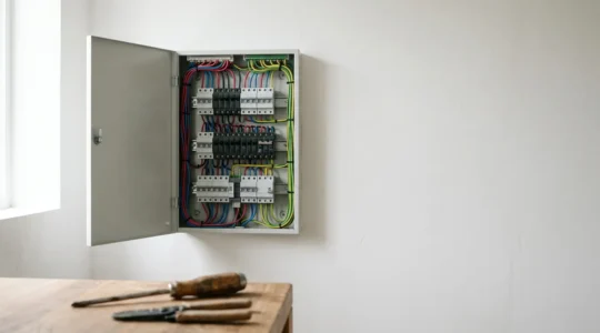 Tableau électrique domestique moderne avec disjoncteurs et circuits organisés illustrant le diagnostic d'une panne électrique
