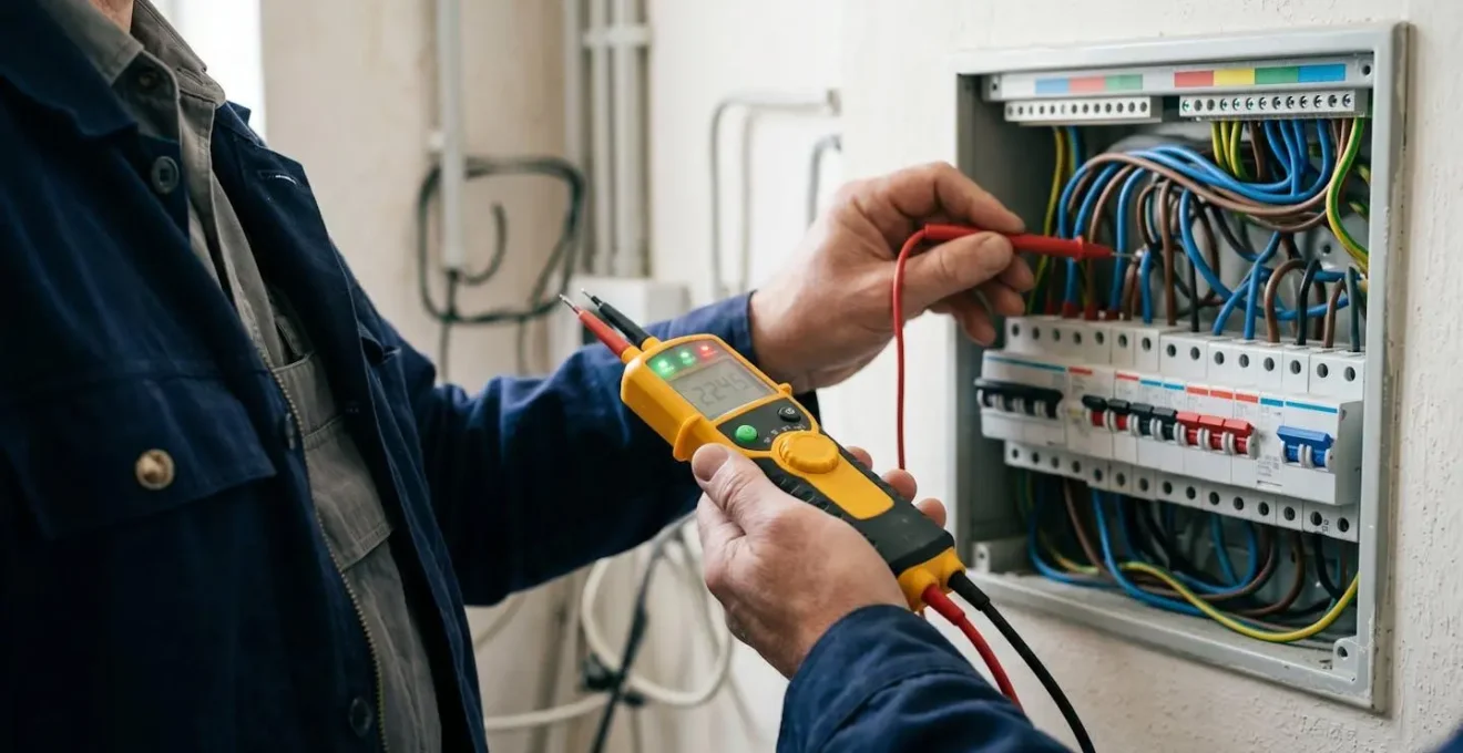 Technicien diagnostiquant un tableau électrique résidentiel avec testeur professionnel