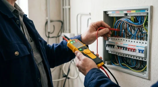 Technicien diagnostiquant un tableau électrique résidentiel avec testeur professionnel