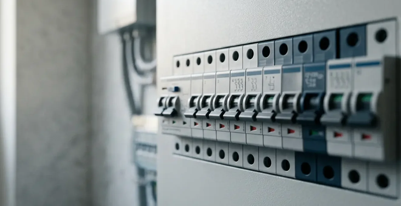 Vue détaillée d'un tableau électrique moderne avec disjoncteurs alignés pour la protection des circuits domestiques