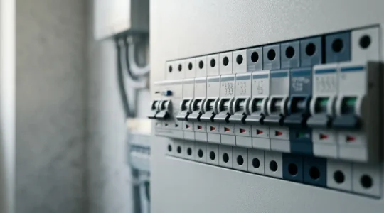Vue détaillée d'un tableau électrique moderne avec disjoncteurs alignés pour la protection des circuits domestiques