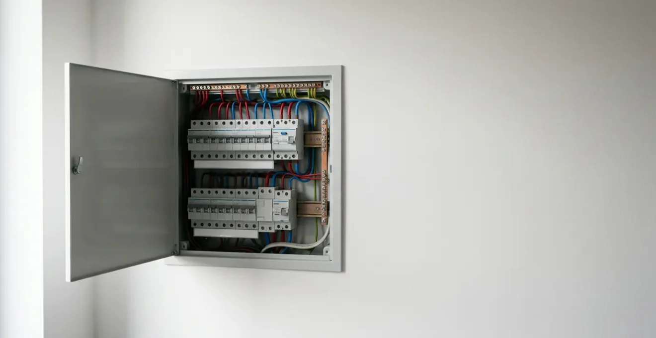 Tableau électrique résidentiel moderne avec disjoncteurs et circuits organisés pour une distribution optimale de 9 kVA