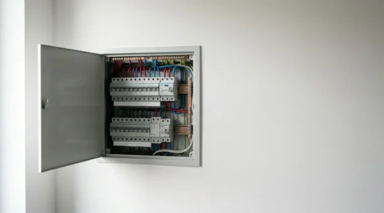 Tableau électrique résidentiel moderne avec disjoncteurs et circuits organisés pour une distribution optimale de 9 kVA