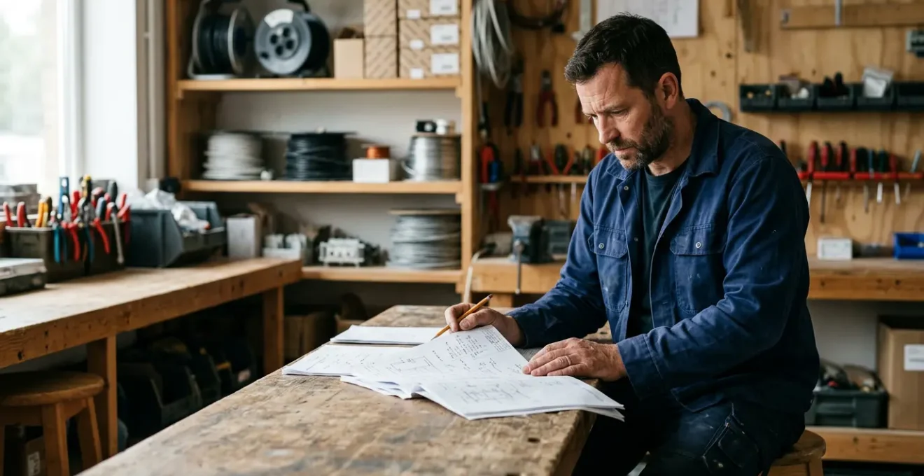 Artisan électricien professionnel consultant une documentation d'assurance dans son atelier avec équipement électrique