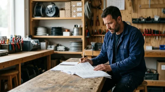 Artisan électricien professionnel consultant une documentation d'assurance dans son atelier avec équipement électrique