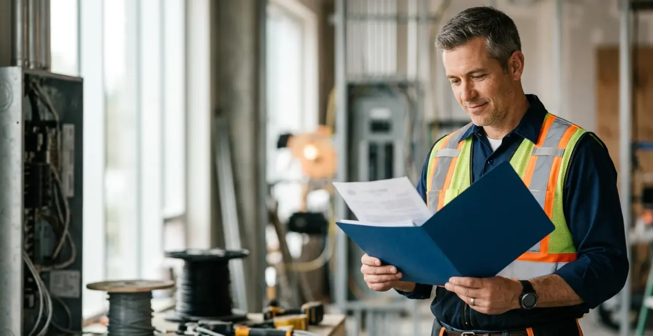 Électricien professionnel examinant des documents d'assurance décennale sur un chantier moderne
