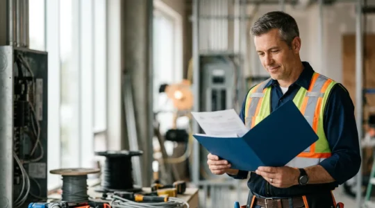Électricien professionnel examinant des documents d'assurance décennale sur un chantier moderne