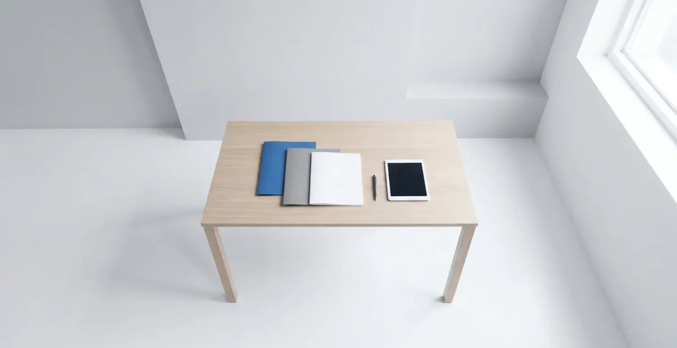 Vue d'ensemble minimaliste d'un espace de travail professionnel avec documents de certification organisés