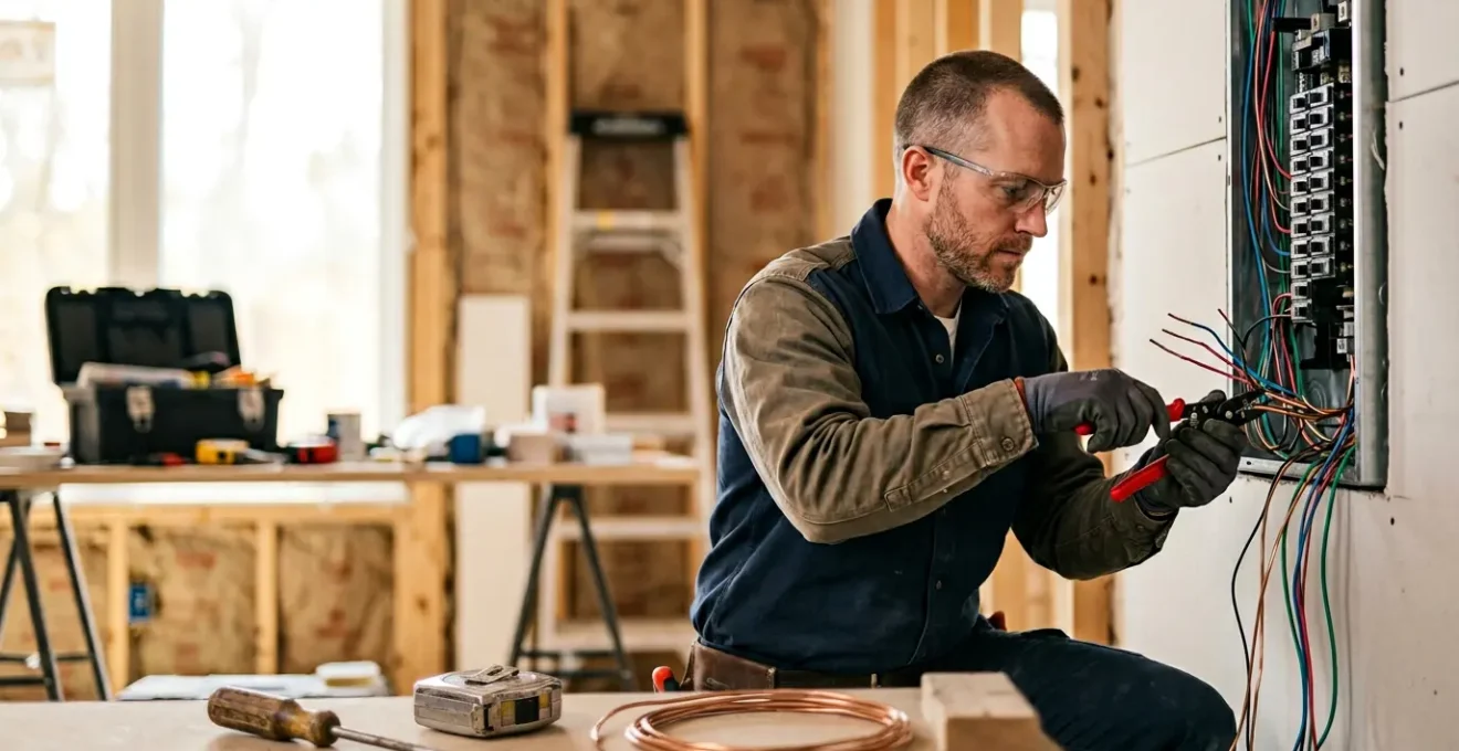 Électricien professionnel vérifiant une installation électrique dans un environnement de chantier moderne