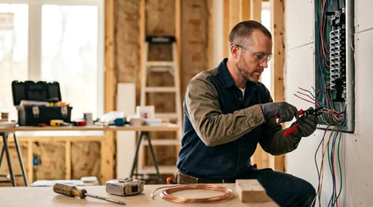 Électricien professionnel vérifiant une installation électrique dans un environnement de chantier moderne