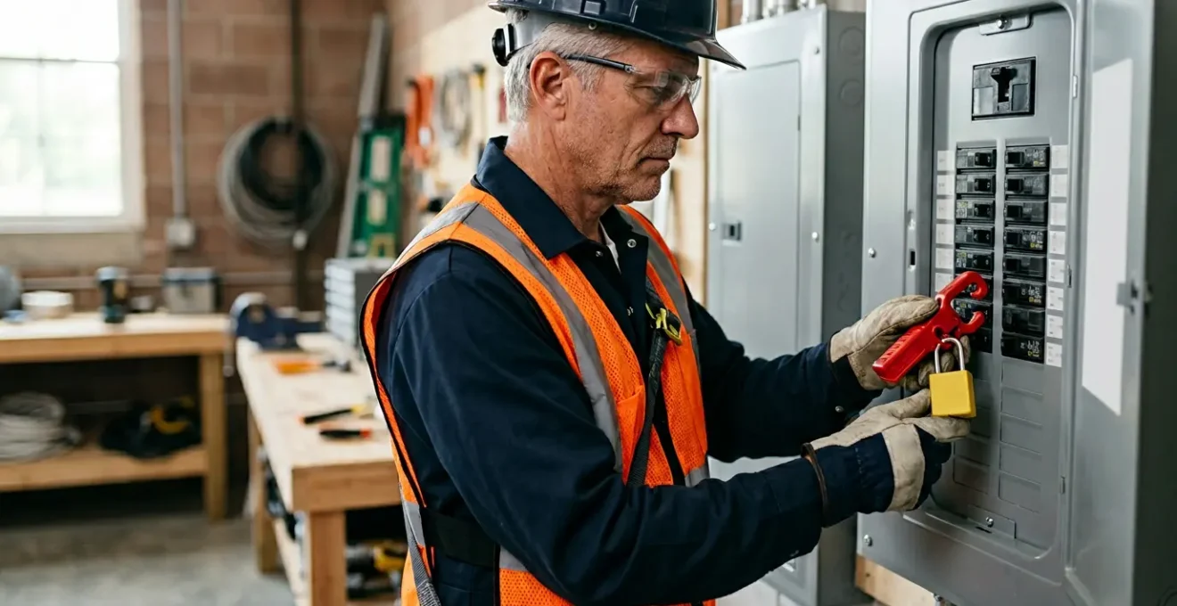 Électricien professionnel effectuant une procédure de consignation électrique sur un tableau domestique avec équipements de protection