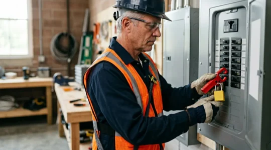 Électricien professionnel effectuant une procédure de consignation électrique sur un tableau domestique avec équipements de protection
