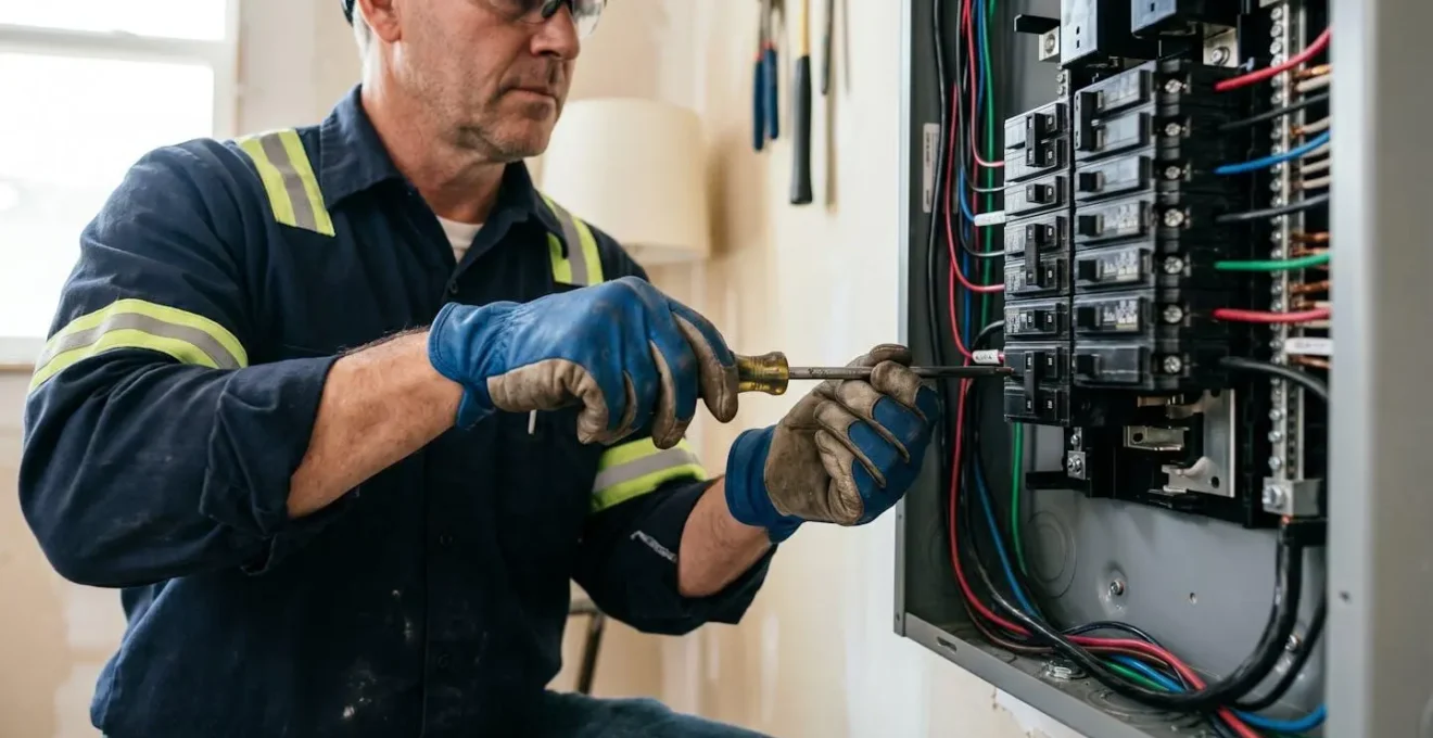 Électricien professionnel installant un nouveau tableau électrique moderne dans un logement en rénovation