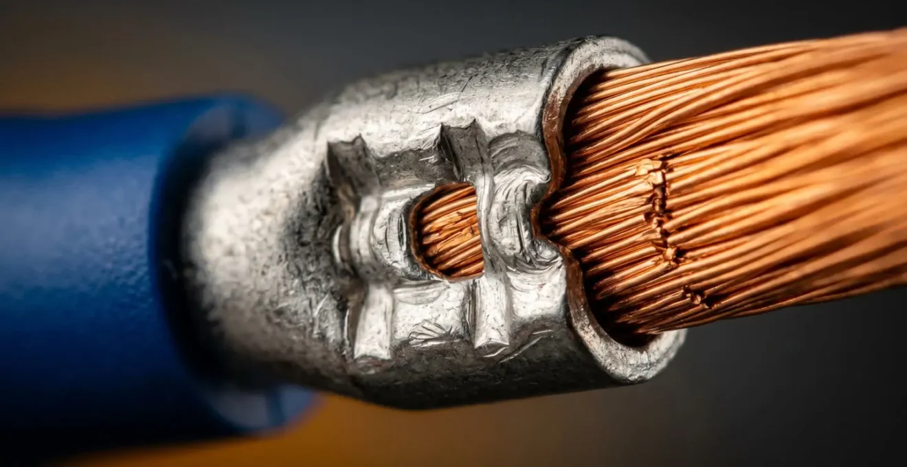 Détail macro d'un embout de câblage serti sur fil électrique souple montrant la qualité de la connexion