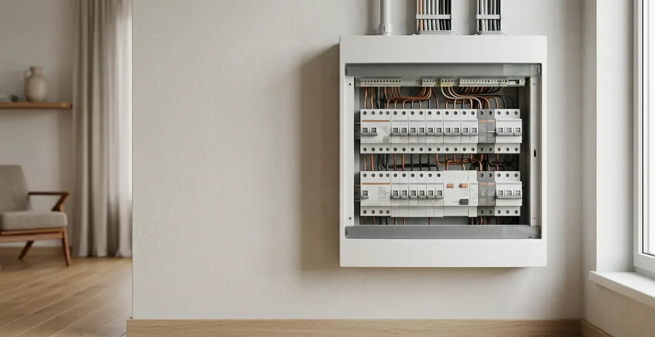 Tableau électrique moderne avec équipements de protection dans un intérieur résidentiel contemporain