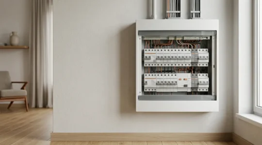 Tableau électrique moderne avec équipements de protection dans un intérieur résidentiel contemporain