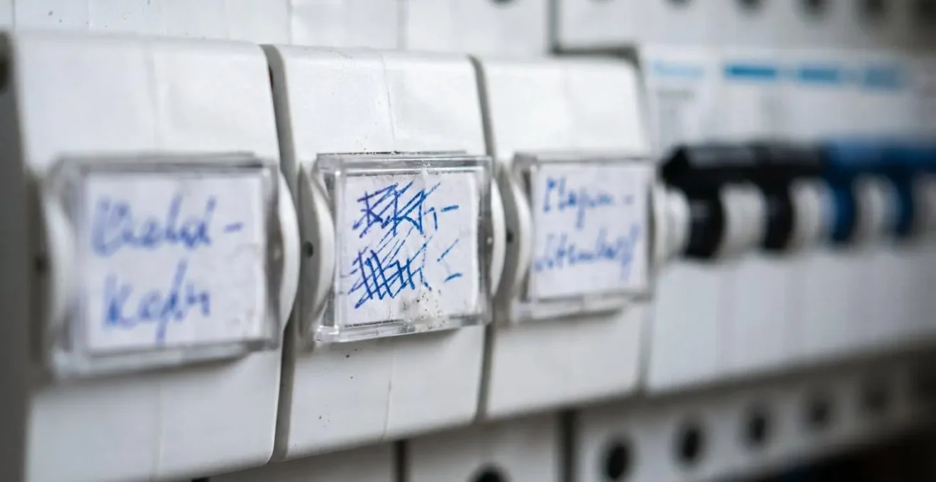 Gros plan sur étiquettes manuscrites claires identifiant les circuits électriques d'un tableau domestique