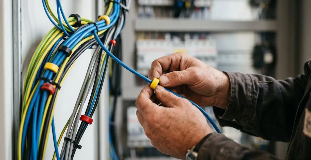 Système de repérage professionnel avec bagues numérotées colorées sur des câbles électriques