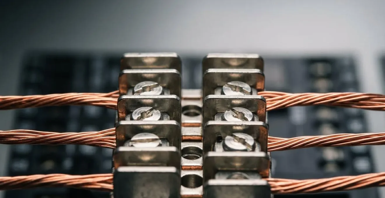 Détail macro des connexions électriques et borniers dans un tableau électrique montrant les composants de sécurité