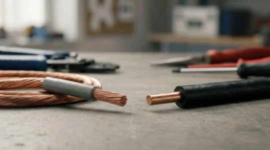 Comparaison professionnelle entre fil électrique souple multibrins H07VR et câble rigide monobrin U1000 R2V sur plan de travail d'électricien