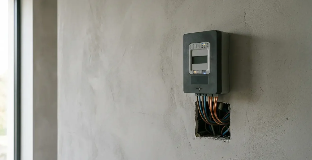 Compteur électrique moderne et circuit de consommation révélant les déperditions énergétiques invisibles dans un intérieur résidentiel