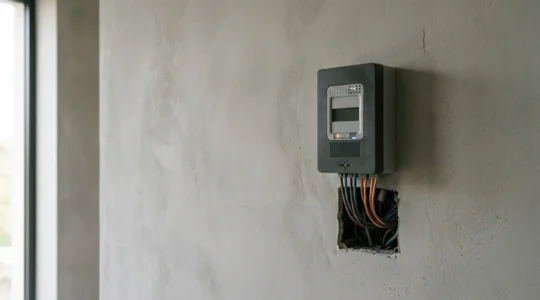 Compteur électrique moderne et circuit de consommation révélant les déperditions énergétiques invisibles dans un intérieur résidentiel