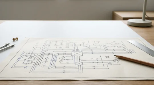 Vue détaillée d'un plan électrique professionnel illustrant la logique visuelle des symboles normalisés sur fond épuré