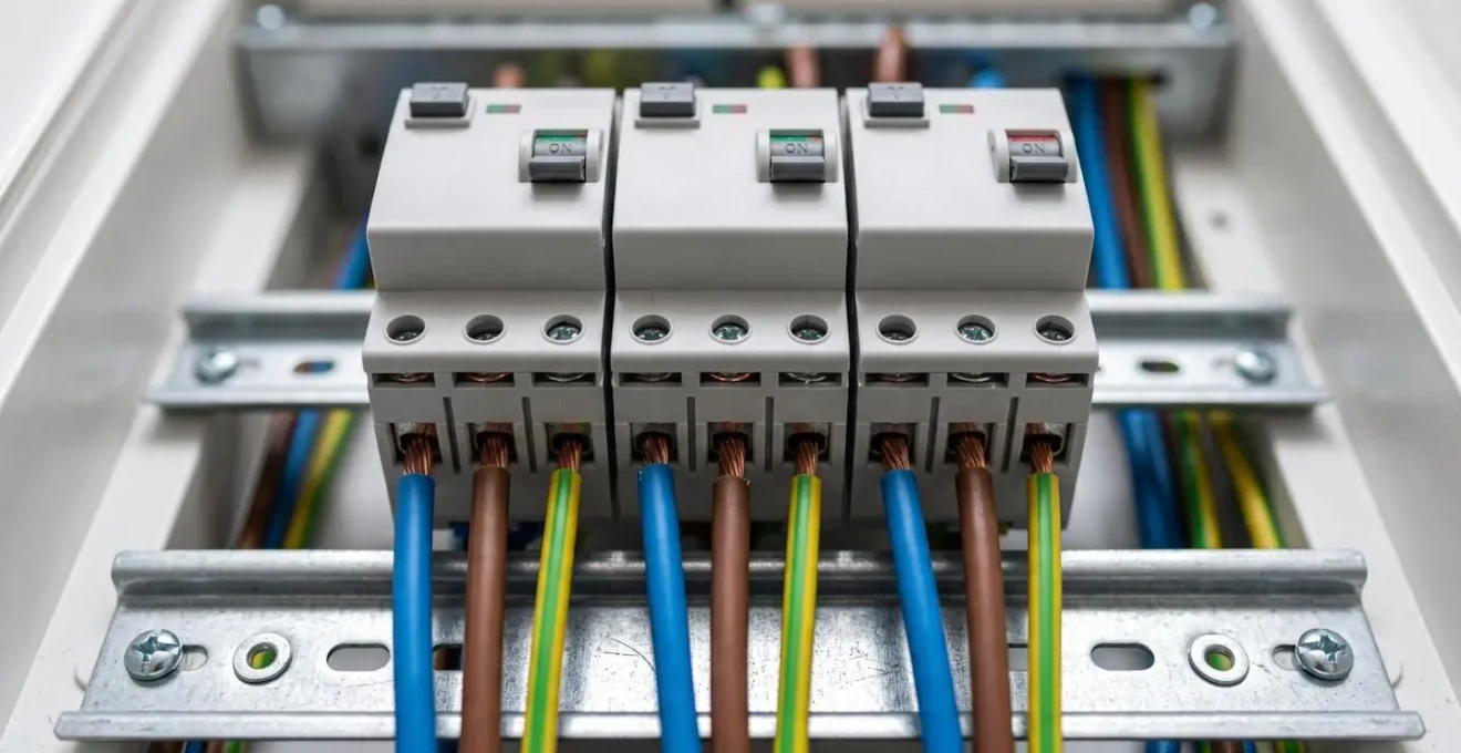 Gros plan sur un tableau électrique moderne avec disjoncteurs différentiels et câblage professionnel conforme