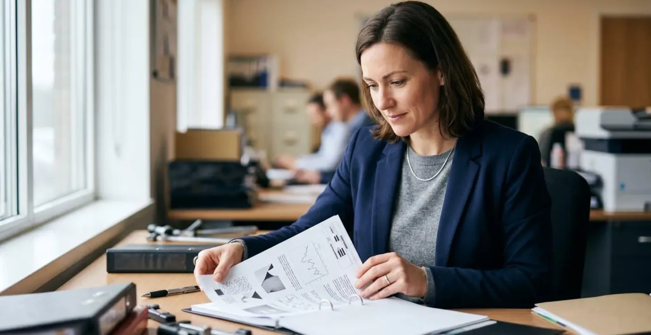 Scène professionnelle d'inspection technique montrant l'examen méticuleux d'un dossier électrique