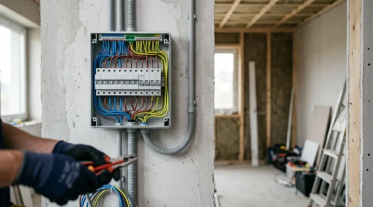 Installation électrique domestique professionnelle avec tableau électrique moderne conforme à la norme NF C 15-100
