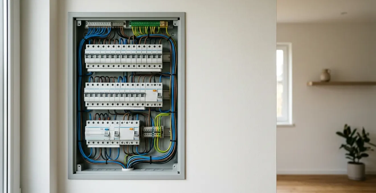 Vue d'ensemble d'un tableau électrique moderne avec disjoncteurs et câblage professionnel dans un logement résidentiel