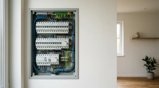 Vue d'ensemble d'un tableau électrique moderne avec disjoncteurs et câblage professionnel dans un logement résidentiel
