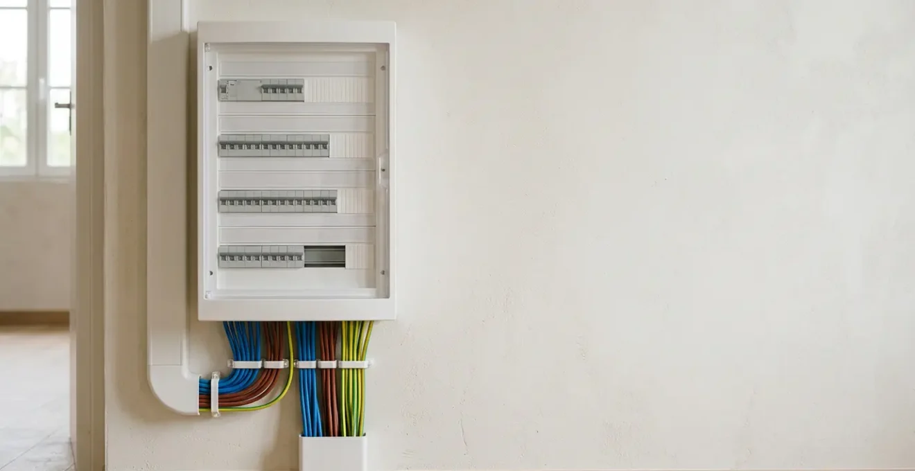 Installation électrique moderne avec tableau de distribution et câblage professionnel pour une maison sécurisée