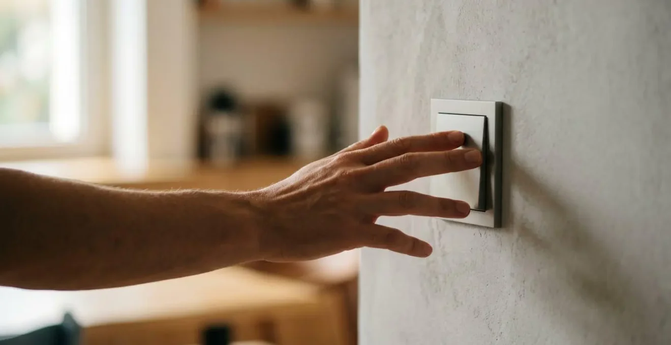 Installation moderne d'interrupteurs dans un environnement résidentiel épuré avec jeu de lumière naturelle