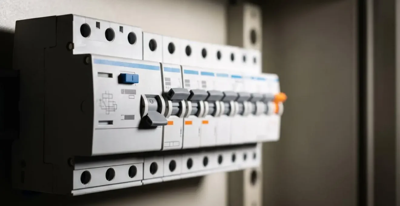 Vue rapprochée d'un interrupteur différentiel avec disjoncteurs divisionnaires en aval dans un tableau électrique