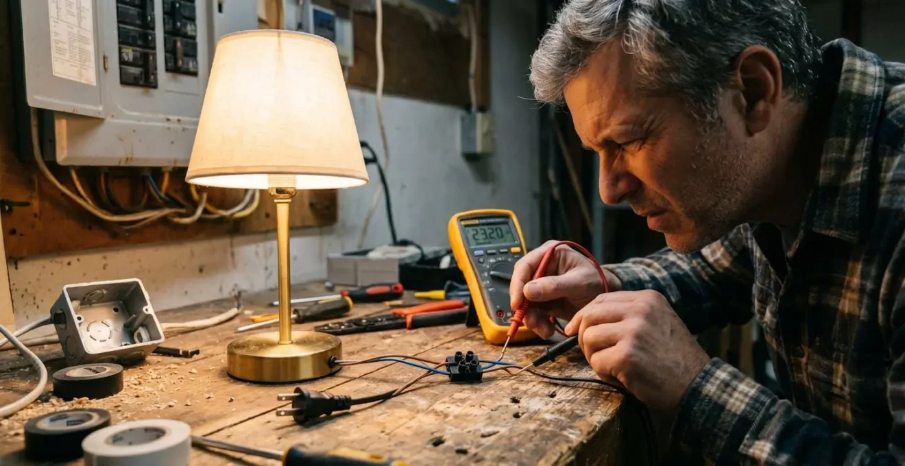 Lampe de chevet allumée posée sur une surface domestique servant de testeur improvisé pour diagnostiquer une panne électrique