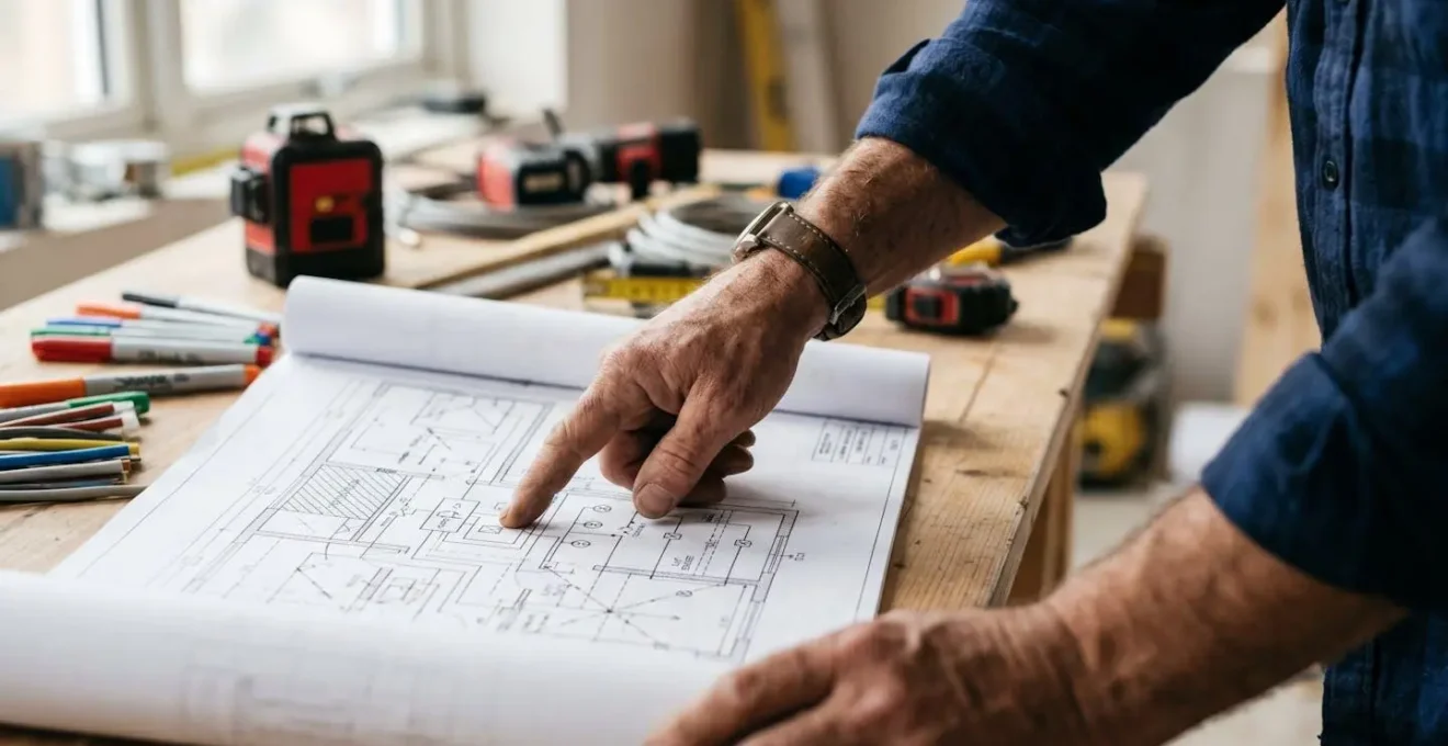 Professionnel analysant minutieusement un schéma électrique technique avec outils de mesure sur plan d'architecte