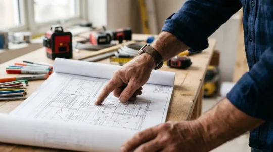 Professionnel analysant minutieusement un schéma électrique technique avec outils de mesure sur plan d'architecte