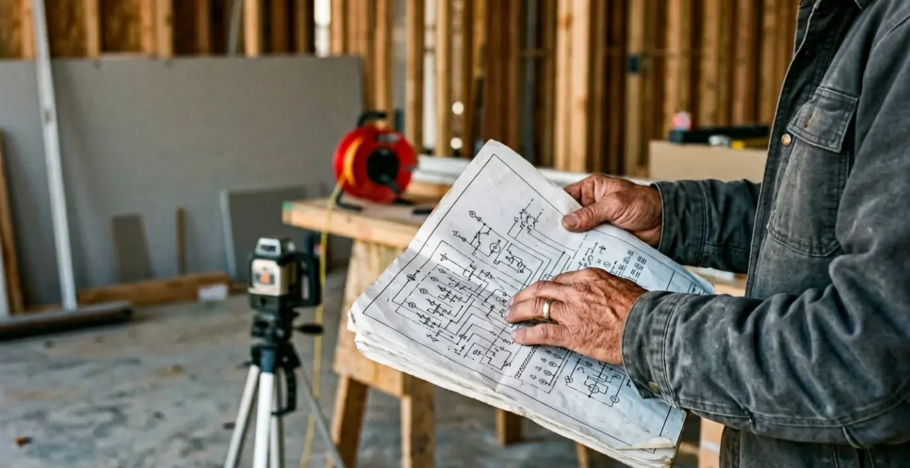 Vue rapprochée de mains d'électricien tenant un plan architectural avec symboles électriques, niveau laser et cordeau dans un chantier en construction