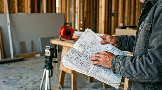 Vue rapprochée de mains d'électricien tenant un plan architectural avec symboles électriques, niveau laser et cordeau dans un chantier en construction