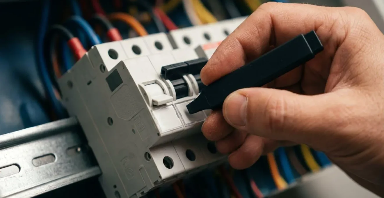 Gros plan sur une main tenant un marqueur proche de disjoncteurs dans un tableau électrique pour illustrer l'importance de l'étiquetage des circuits