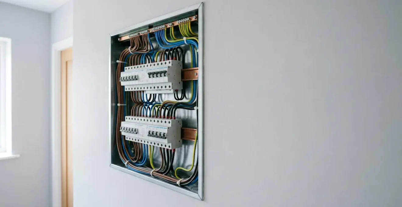 Gros plan d'un tableau électrique domestique moderne avec disjoncteurs et câblage organisé, photographié en lumière naturelle