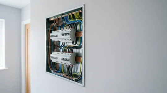 Gros plan d'un tableau électrique domestique moderne avec disjoncteurs et câblage organisé, photographié en lumière naturelle