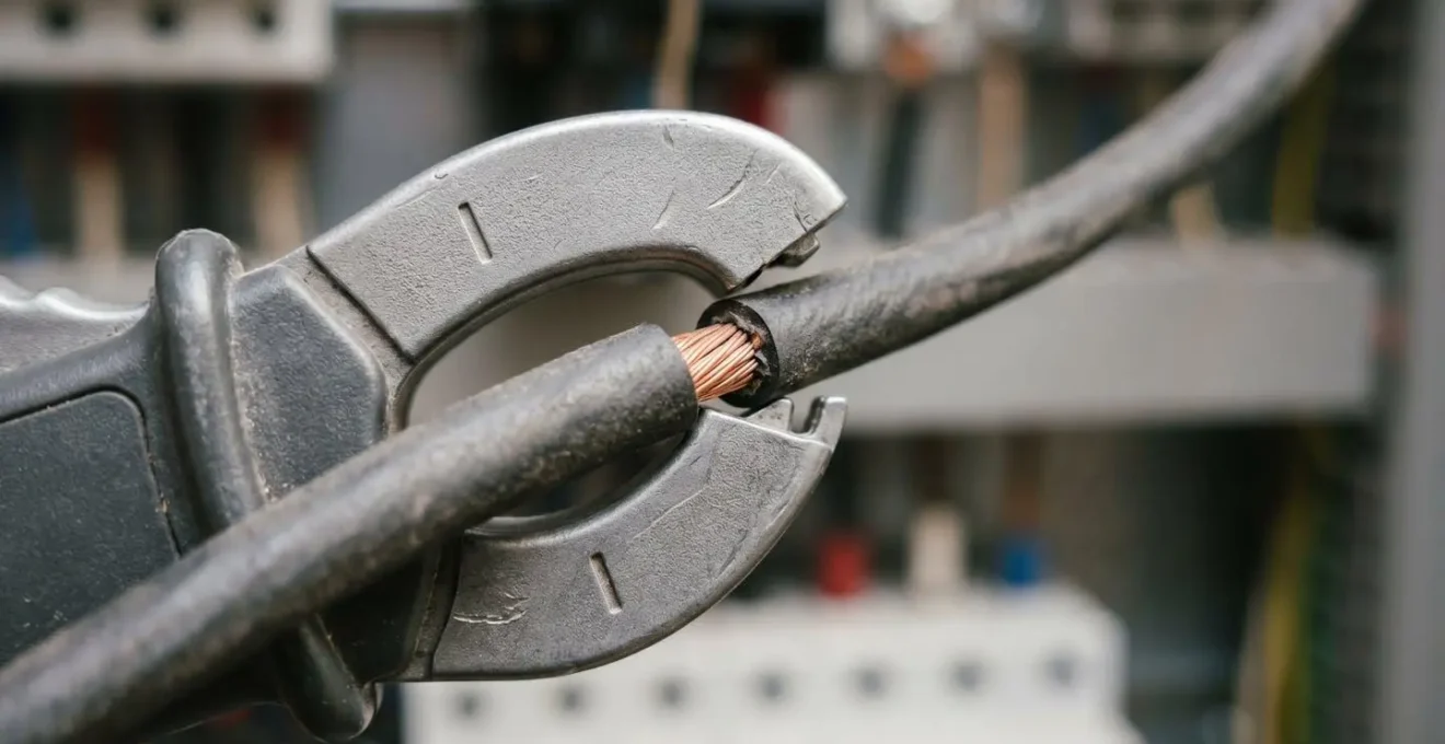 Pince ampèremétrique professionnelle mesurant l'intensité sur un câble électrique dans un tableau électrique