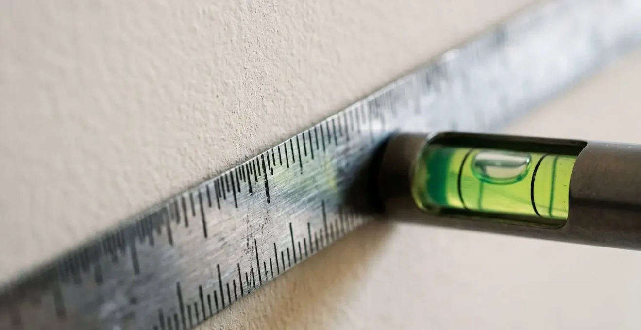 Gros plan macro sur un mètre ruban métallique marquant exactement 110 centimètres contre un mur avec niveau à bulle