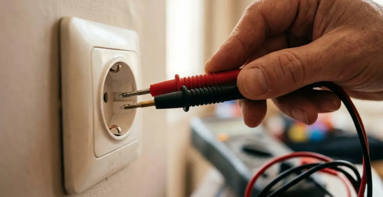 Gros plan sur des mains tenant un multimètre numérique mesurant la tension sur une prise électrique domestique